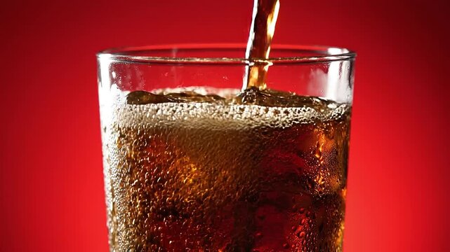 Closeup of pouring cola drink with ice cubes on red background