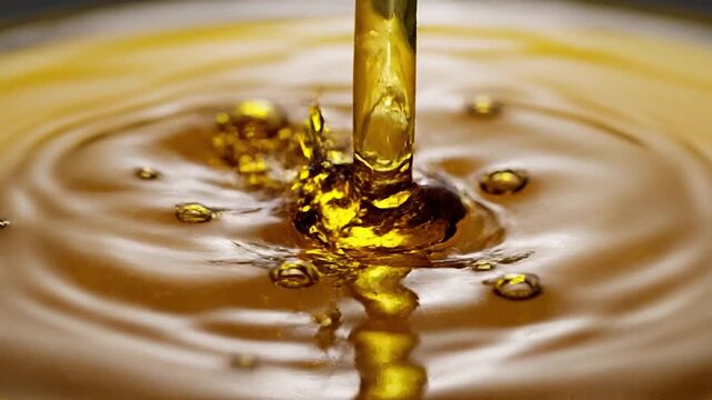 Closeup shot of pouring golden oil in slow motion