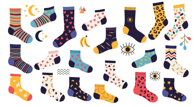 Extensive collection of colorful socks with various playful patterns including stars, hearts, bananas, and animal prints for daily wardrobe.
