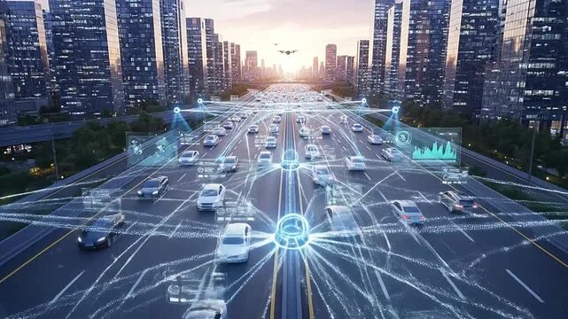 Autonomous vehicles navigate a futuristic highway in a modern city at dusk