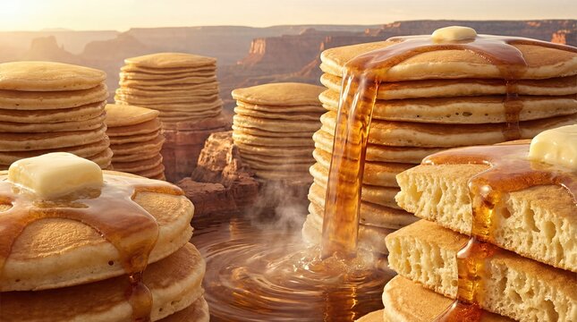 Stack of golden pancakes with butter and syrup melting on top in a canyon landscape. Breakfast delicious meal concept.