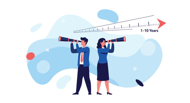 Business man and woman using telescopes to look towards a long term vision and timeline scale for future company success and development.