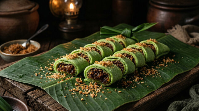 Dadar Gulung Two Rolls on Banana Leaf with Palm Sugar Props