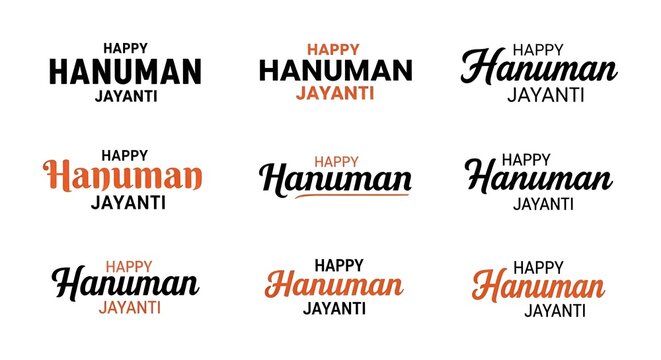 Image is a digital graphic featuring nine different text designs, each displaying the phrase 'Happy Hanuman Jayanti.' The designs are arranged in a 3x3 grid on a white background. Each text style vari