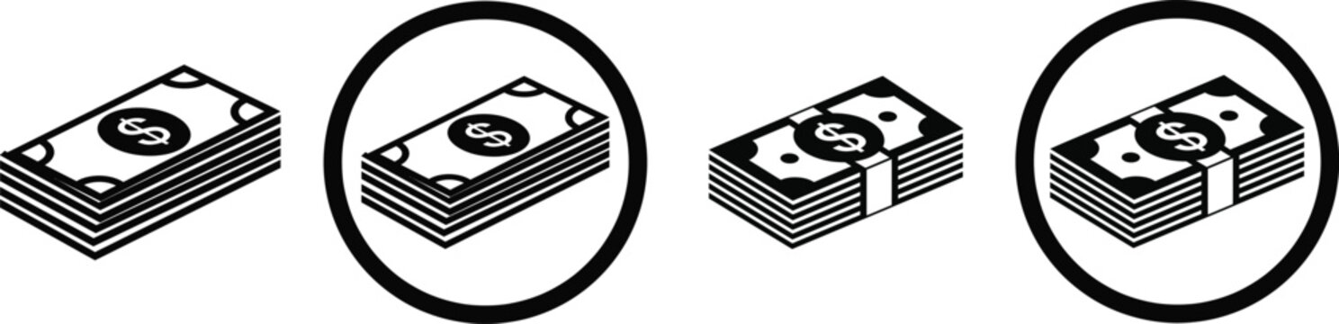 Three stacks of money with dollar signs in circles