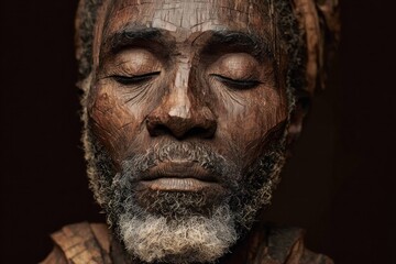 Obraz premium Portrait of man with closed eyes and textured cracked skin effect in artistic style on dark background with beard and calm expression for creative concept.