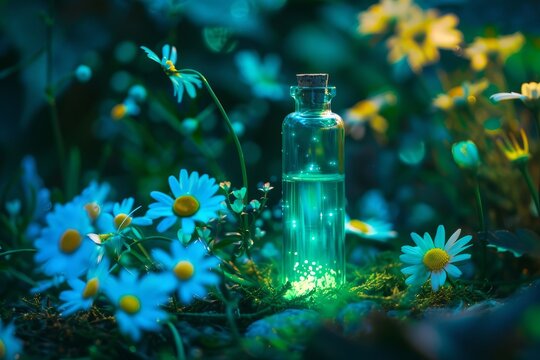 Glowing green magic potion vial in enchanted forest with daisies and yellow flowers fantasy scene