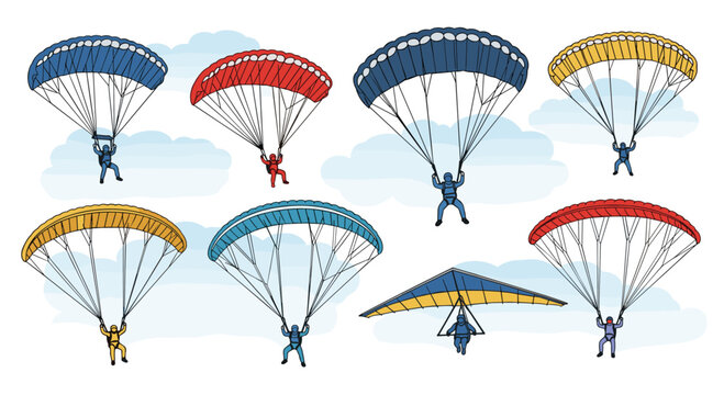 Collection of skydivers descending with colorful parachutes and one hang glider against a cloudy sky background.