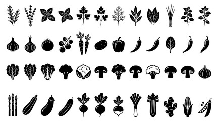 Black and White Vegetable and Herb Icons.