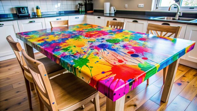 A vibrant explosion of colors adorns a modern dining table surface, creating a playful and artistic focal point in a home environment.