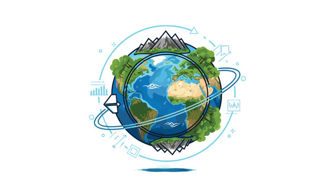 Planet earth surrounded by icons of nature, mountains, forests, and digital data charts representing global sustainability.