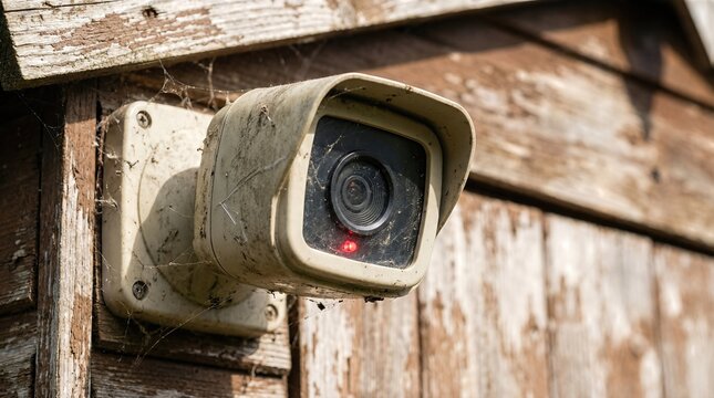 Close up of an outdoor security camera covered in dust and cobwebs mounted on old wooden siding. Concept of neglected surveillance, old technology.