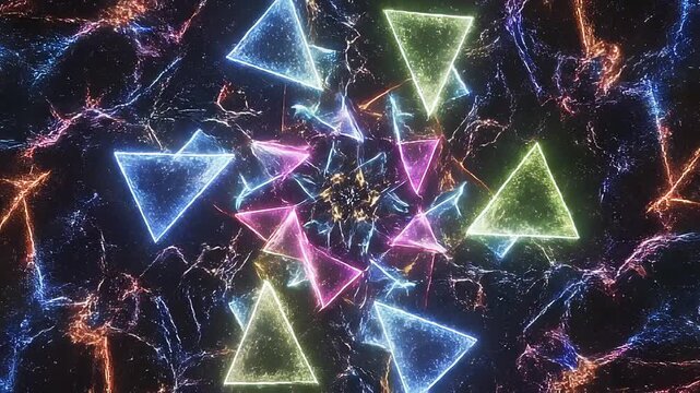 Abstract glowing neon geometric triangles kaleidoscopic tunnel VJ loop