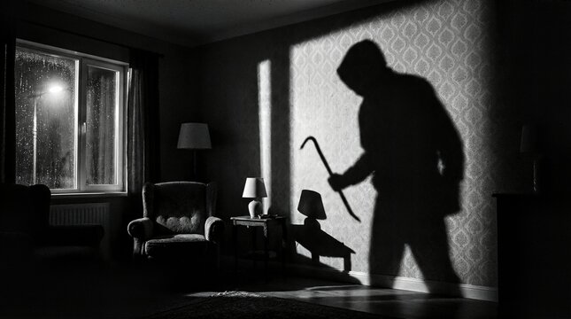 Shadow of a man holding a crowbar cast on a wall in a dark room. Concept of home invasion, burglary, crime, and security.