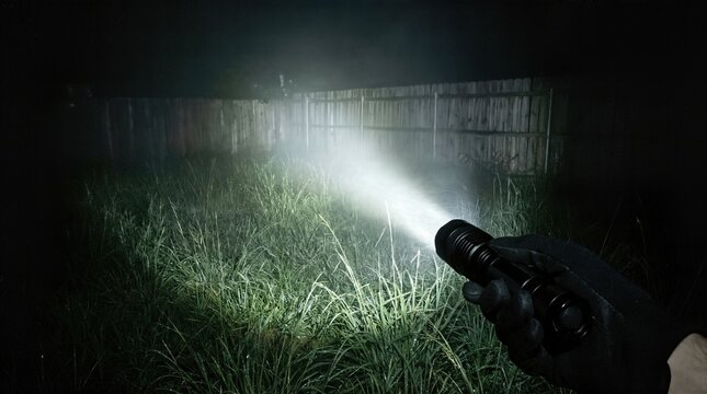 Man holding flashlight illuminating tall wet grass at night. Exploring dark backyard or garden with beam of light. Outdoor security and safety concept.
