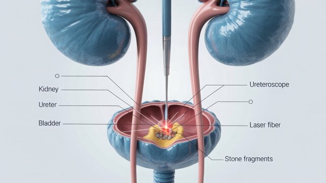 Medical illustration of ureteroscopy laser lithotripsy, human urinary system anatomy showing kidney and bladder, surgical removal of stone fragments