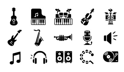 A collection of black music icons on a white background © MdAshik