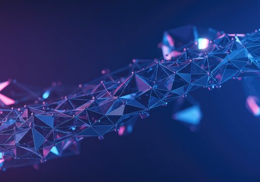 A seamless digital render displaying an abstract environment of interconnected triangular polygons and crystalline structures in cool blue and violet tones ,graphic ,form ,polygon