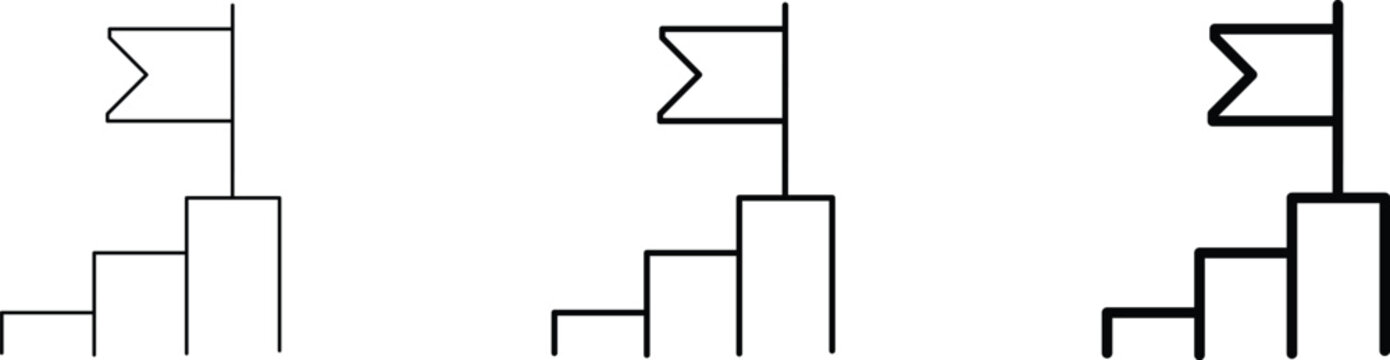 A series of three simple line art illustrations depicting a winner's podium with a flag on the top step, with outlines progressively bolder from left to right.