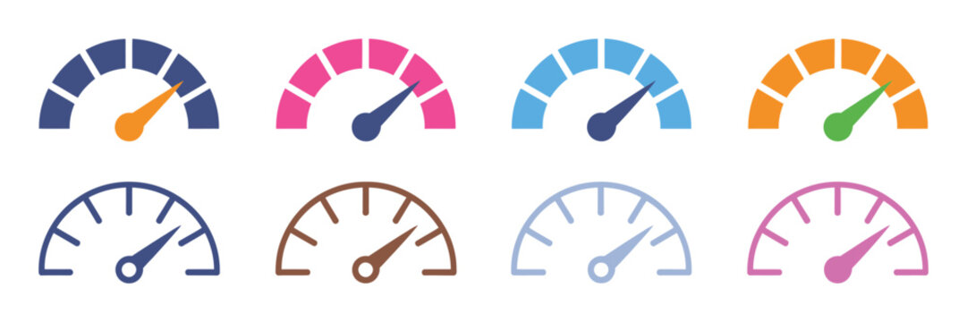 Speedometer gauge icon set, speed indicator measurement, car dashboard color vector illustration