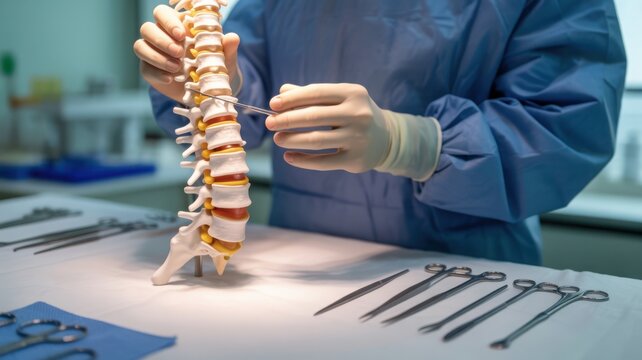 Human spine model in surgical setting, orthopedic surgeon hands with medical instruments, spinal column anatomy for neurosurgery education