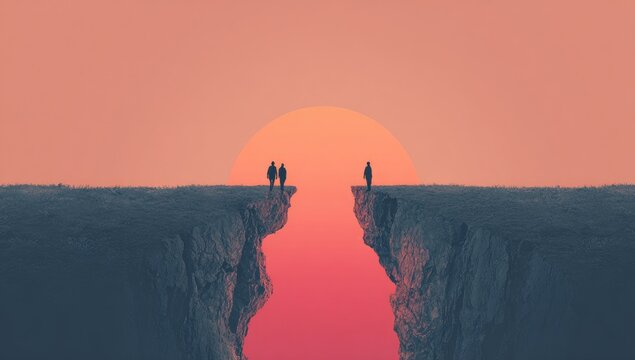 Silhouette figures stand on cliffs framing a sunset over a chasm