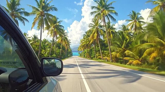Driving down a scenic road lined with palm trees towards a tropical ocean