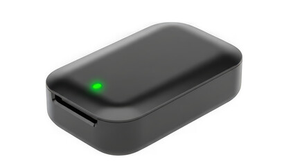 A sleek black wireless earbud charging case with a small green indicator light on transparent background
