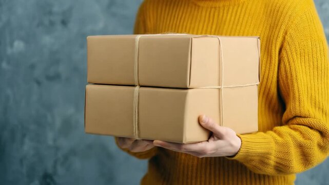 Warm and Cozy Delivery Stacked Cardboard Boxes Wrapped with Twine, Showcasing Cheerful Atmosphere Against Textured Background in Yellow Sweater