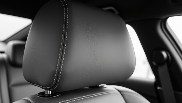 Black leather car headrest seat stitching interior modern closeup comfort Black leather car headrest with detailed stitching modern interior