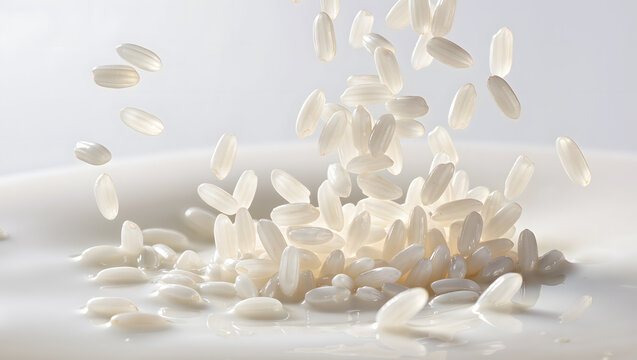 Rice grains splashing into milk cosmetic ingredient concept for skincare formulation