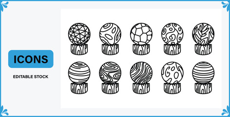 Set of various globe icons with different patterns on display stands  isolated on white background © Badsha Mollik