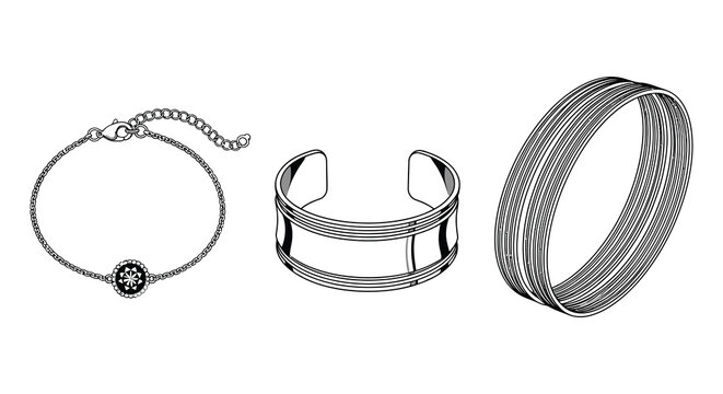 Three silver bracelets are displayed a chain link a cuff and a coiled wire design