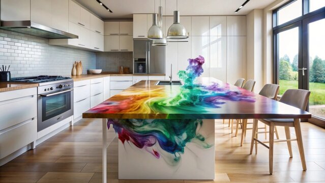 An artistic rainbow swirl of colors erupts on a kitchen island countertop, creating a vibrant focal point within a modern home setting