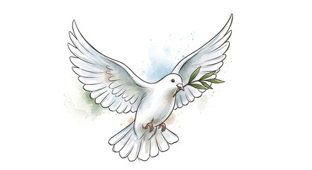 Obraz premium Watercolor illustration of white dove flying with green olive branch