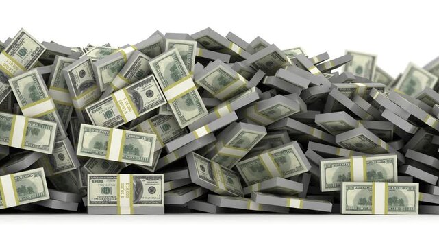 Tall pile of us currency - US dollars isolated stacked on white background. 4K 3d render	
