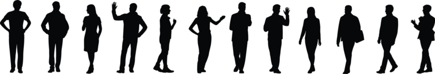 Black silhouette collection of diverse people in various standing walking and gesturing poses for social community interaction representative lifestyle and human behavior concepts.