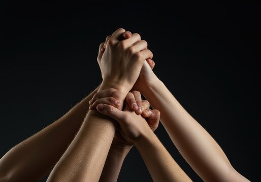 Close-up view of diverse forearms and hands tightly interlocked, symbolizing collective power, worker unity, and organized action against struggle ,strength ,justice ,connection