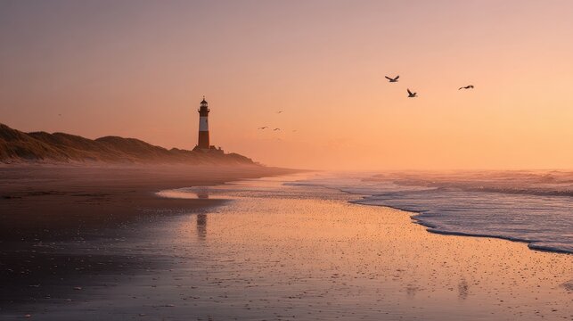 Stiller Leuchtturm am Strand von List, Sylt im goldenen Morgenlicht