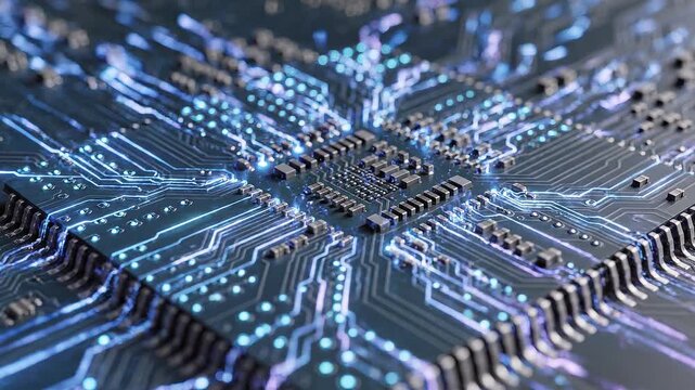 Extreme close up of a glowing microchip with pulsing light circuits
