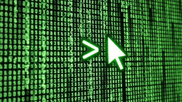 Cascading green digital code with glowing cursor and pointer icon