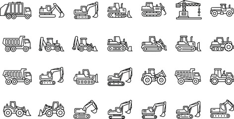 Construction Machinery Line Icon Set Excavator Bulldozer Dump Truck Crane Heavy Equipment Vector Illustration Collection © Nayan Stock