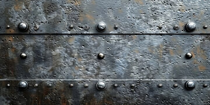 A heavily textured metal surface with rivets and a dark finish