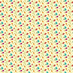 Colorful floral pattern with small flowers on pale yellow background