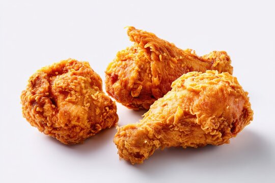 Three golden, crispy fried chicken pieces on a bright white background