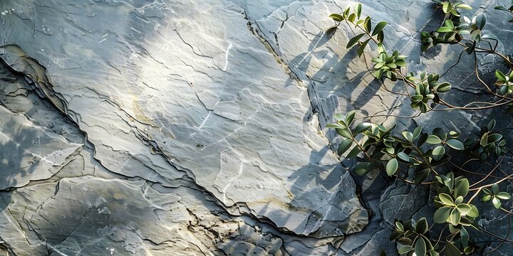 A serene rocky surface with lush green foliage and natural shadows