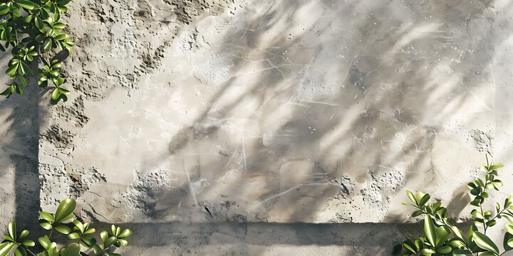 serene beige stone wall with lush green plants and soft shadows