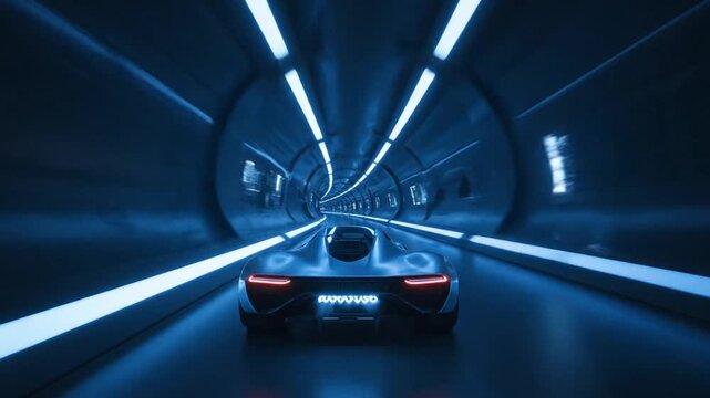 A sleek sports car speeds through a futuristic tunnel with blue neon lights, viewed from behind, conveying a sense of high-speed travel and advanced technology.