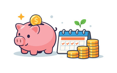 Cute piggy bank with coins, calendar, and growing plant symbolizing financial growth and savings