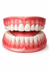 Obraz premium A 3D semi-realistic frontal view of upper and lower human teeth with detailed pink gums. With enamel shine, smooth curvature, and soft gradient shading on gums. Strong dimensional depth